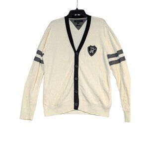 Tommy Hilfiger Mens Trim Fit Cardigan Sweater 1985 Patch Button Front L/XL Cream